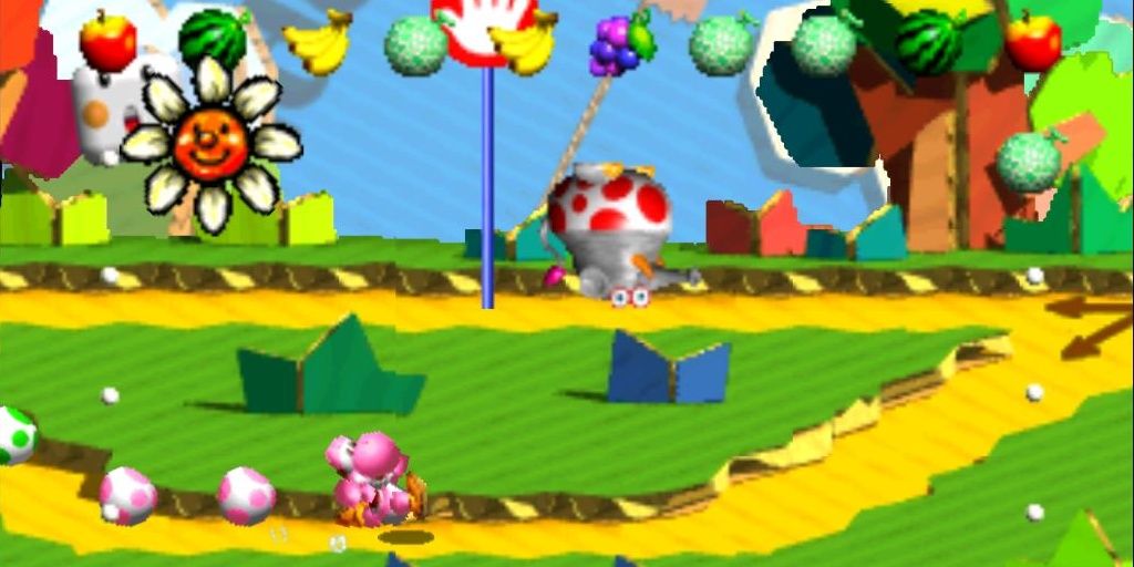 A pink Yoshi running with eggs behind them with fruit surrounding the screen in Yoshi's Story