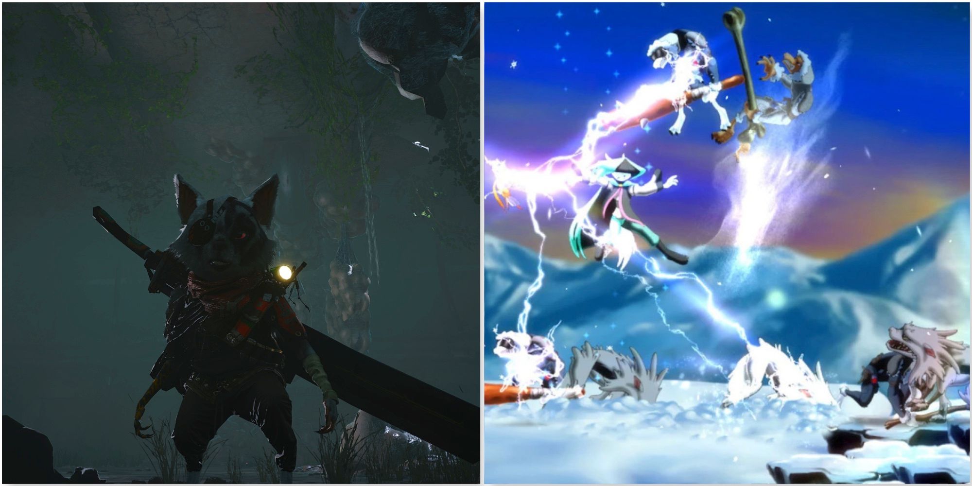 Your character in Biomutant and Fighting enemies in Dust An Elysian Tail