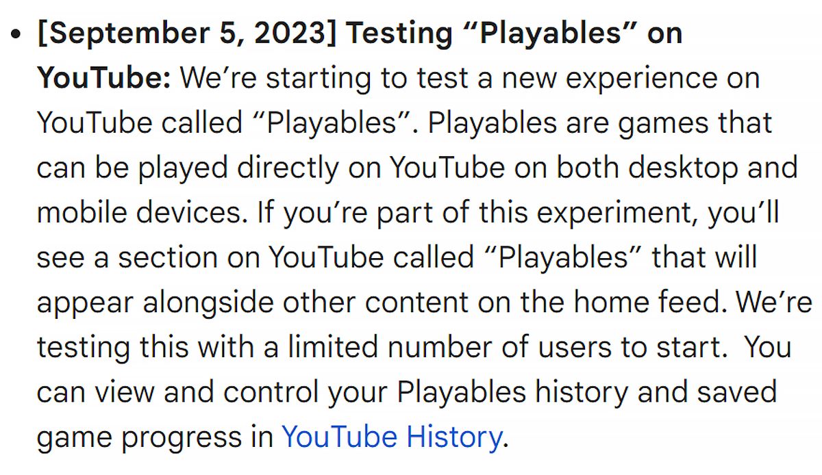 YouTube Playables community update testing announcement September 5 2023