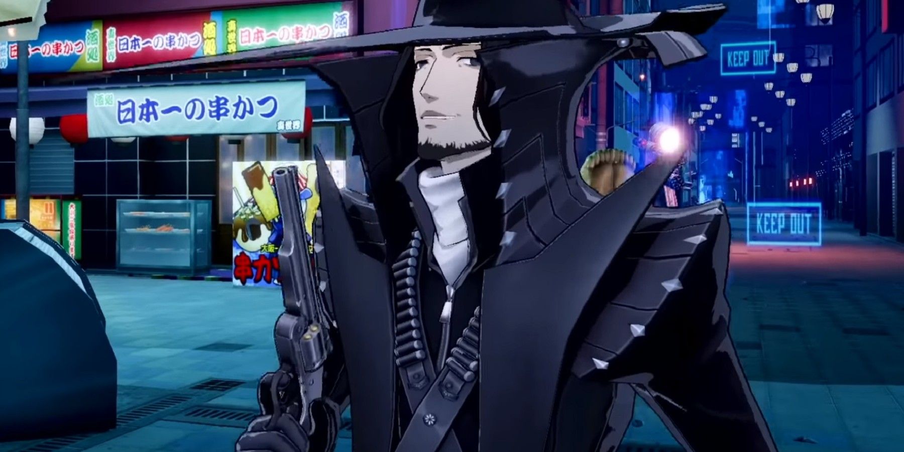 Persona 5 Strikers Zenkichi Hasegawa/Wolf closeup in his Phantom Thief attire with revolver raised