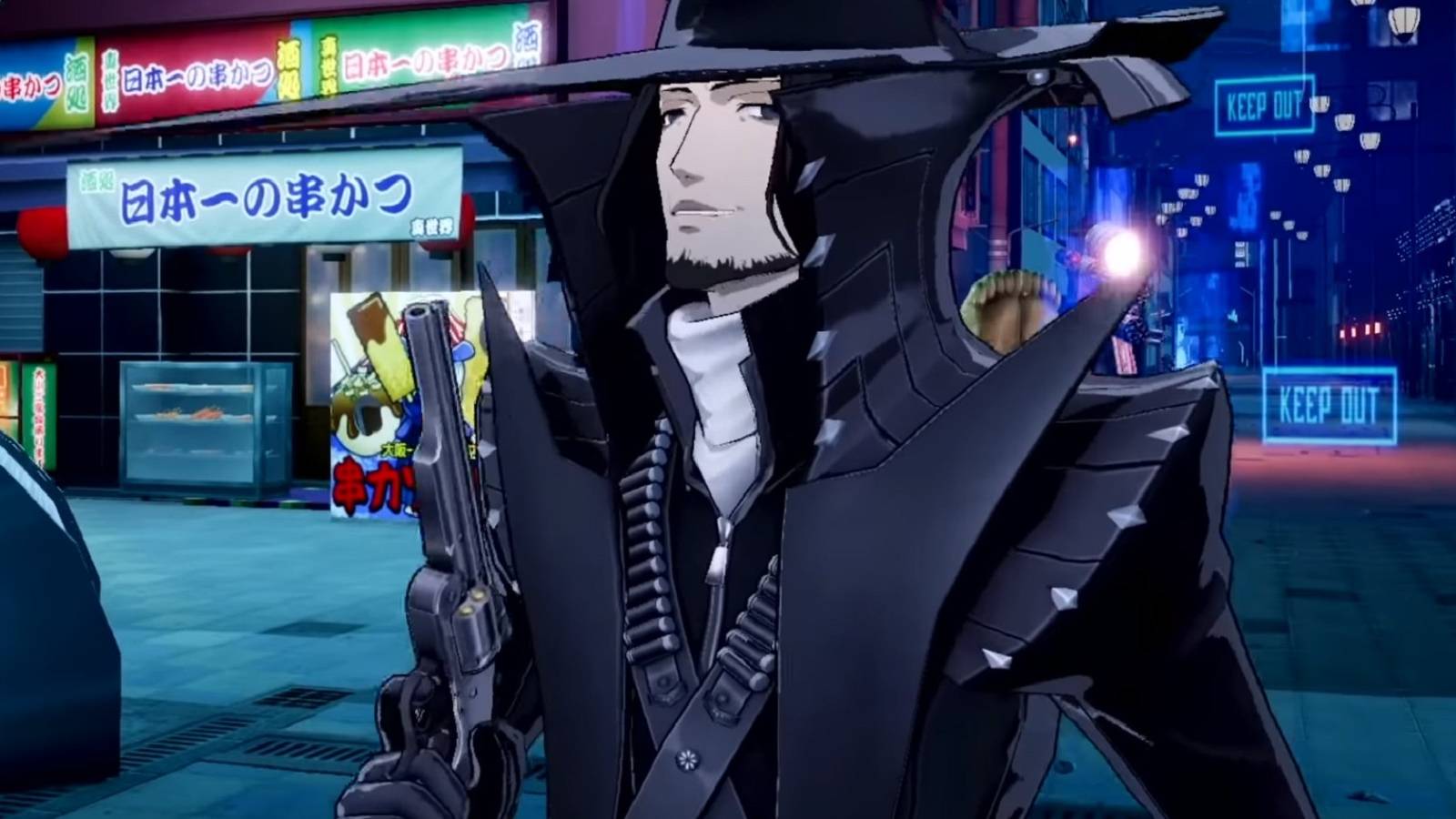 Persona 5 Strikers Zenkichi Hasegawa/Wolf closeup in his Phantom Thief attire with revolver raised