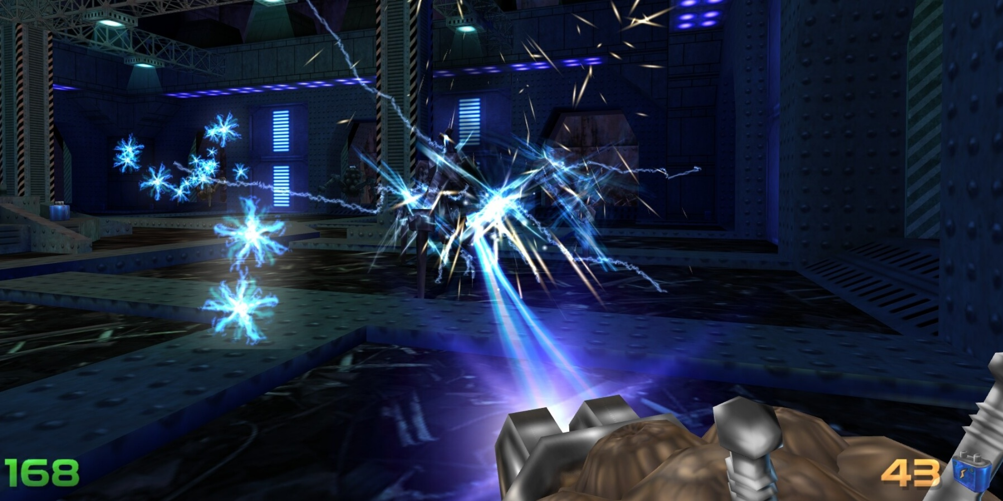 Zortch - player shooting electricity with a futuristic gun at a badie in a metallic room