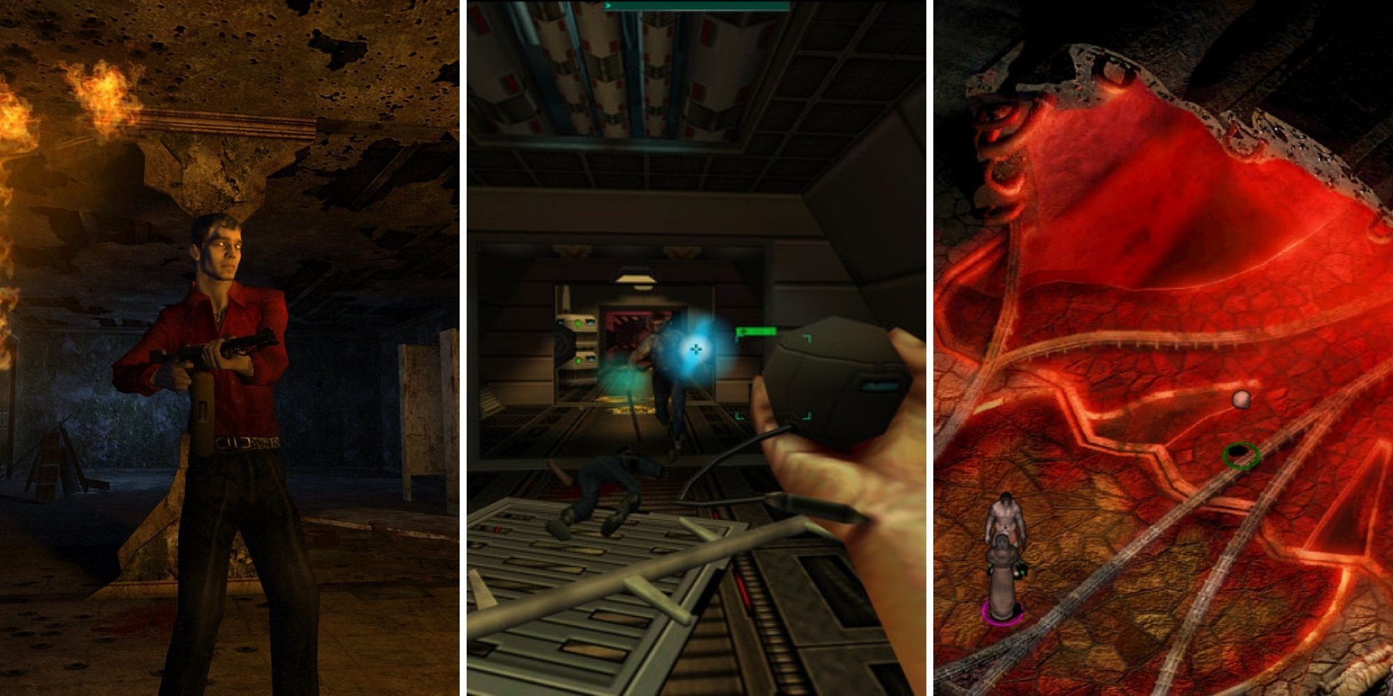 A grid showing the three darkest Western RPGs Vampire: The Masquerade - Bloodlines, System Shock 2, and Planetscape: Torment