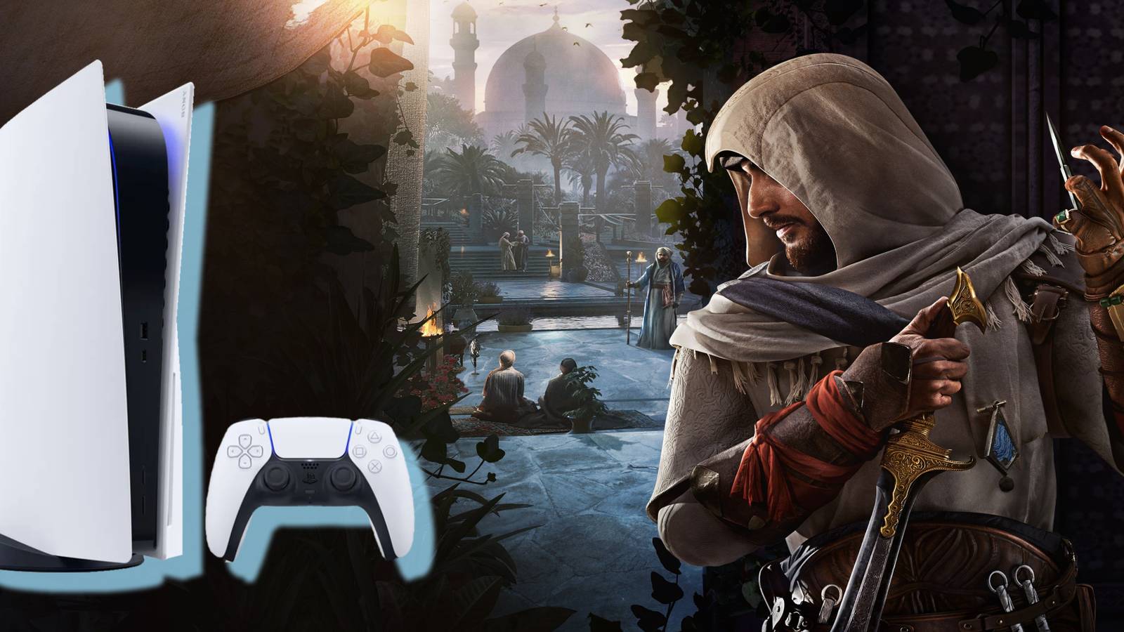 Assassin's Creed Mirage generic wallpaper with PS5 console to the left