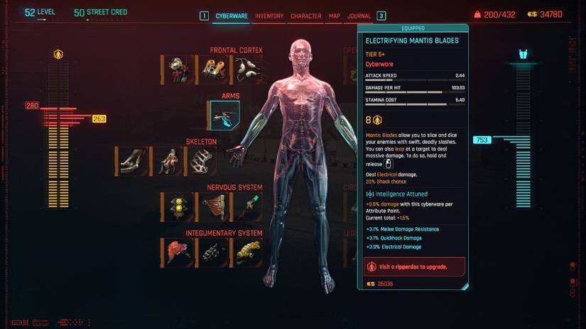 The stat sheet of a pair of Mantis Blades in Cyberpunk 2077