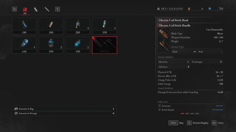 The Electric Coil Stick's base stats in Lies of P