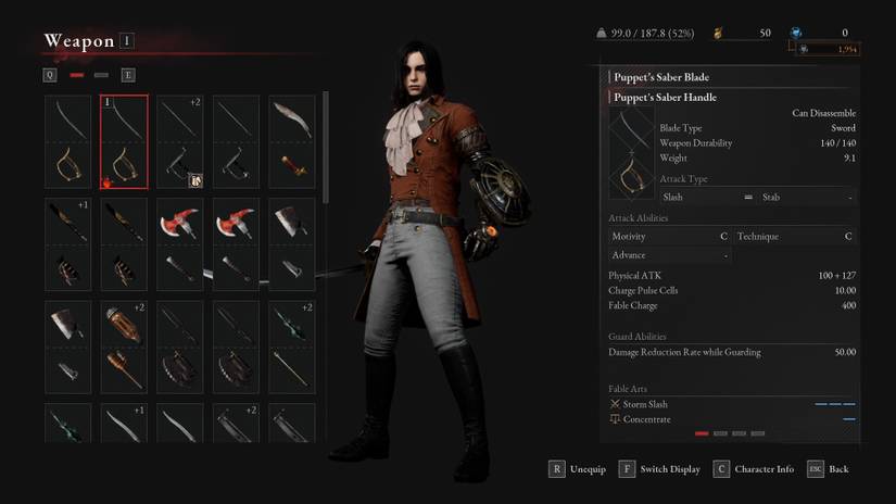 The Puppet Saber stat window in Lies of P