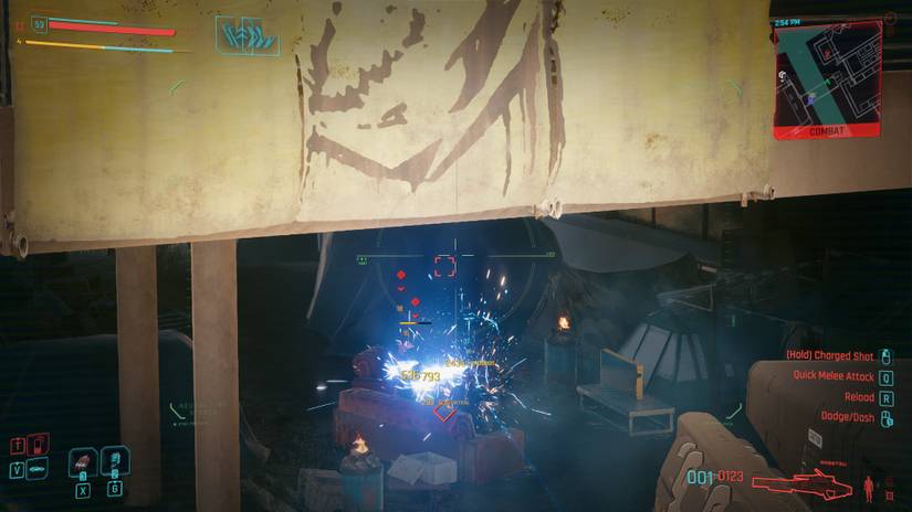 Firing the Ransetsu sniper rifle in Cyberpunk 2077