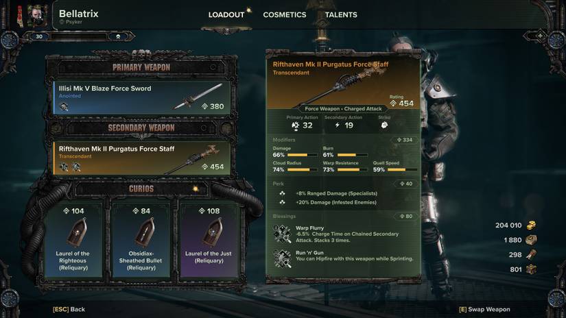 Randomly-rolled Purgatus Staff in Darktide