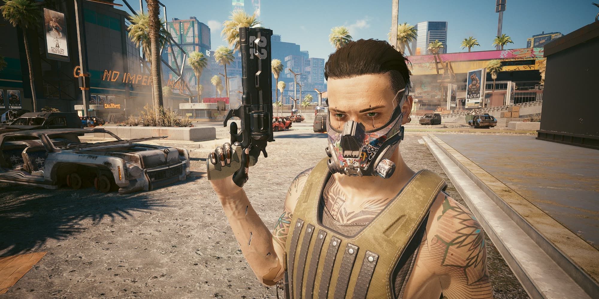 V holding Rosco in Cyberpunk 2077