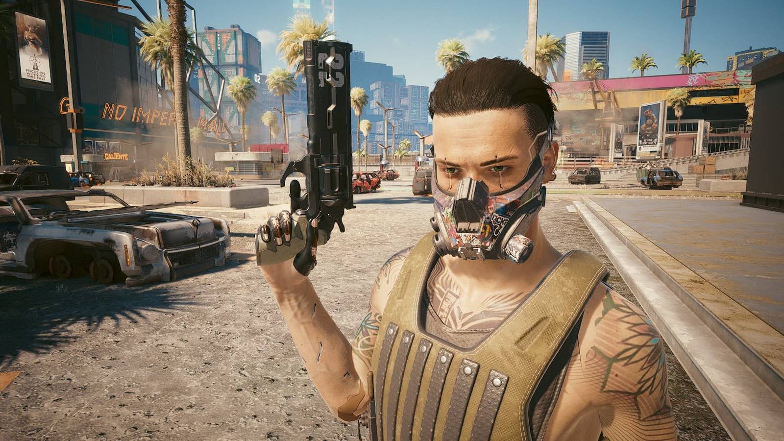 V holding Rosco in Cyberpunk 2077