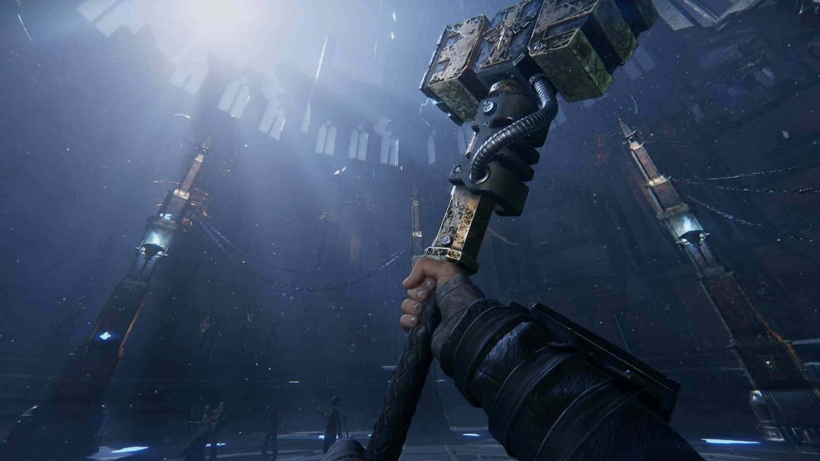 Inspecting a Thunder Hammer in Warhammer 40,000 Darktide