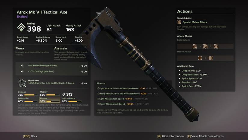 The Atrox Tactical Axe's stat sheet in Warhammer 40,000: Darktide