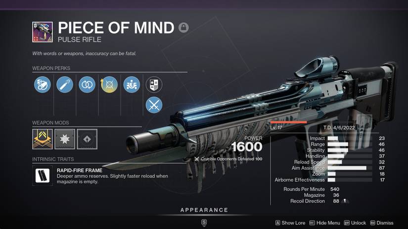 Crafted Piece of Mind Pulse Rifle in Destiny 2