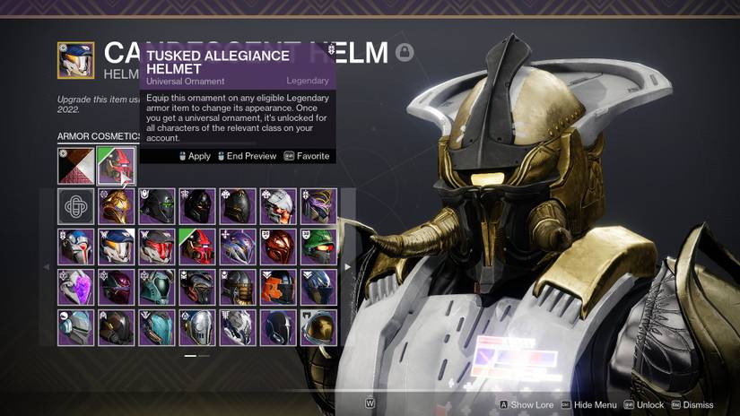 The Tusked Allegiance Helmet on display in Destiny 2