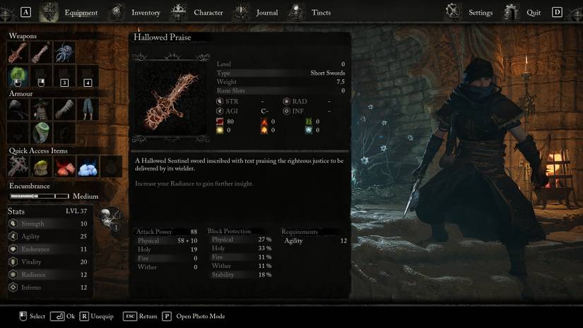 Stats for an early agility build in Lords of the Fallen