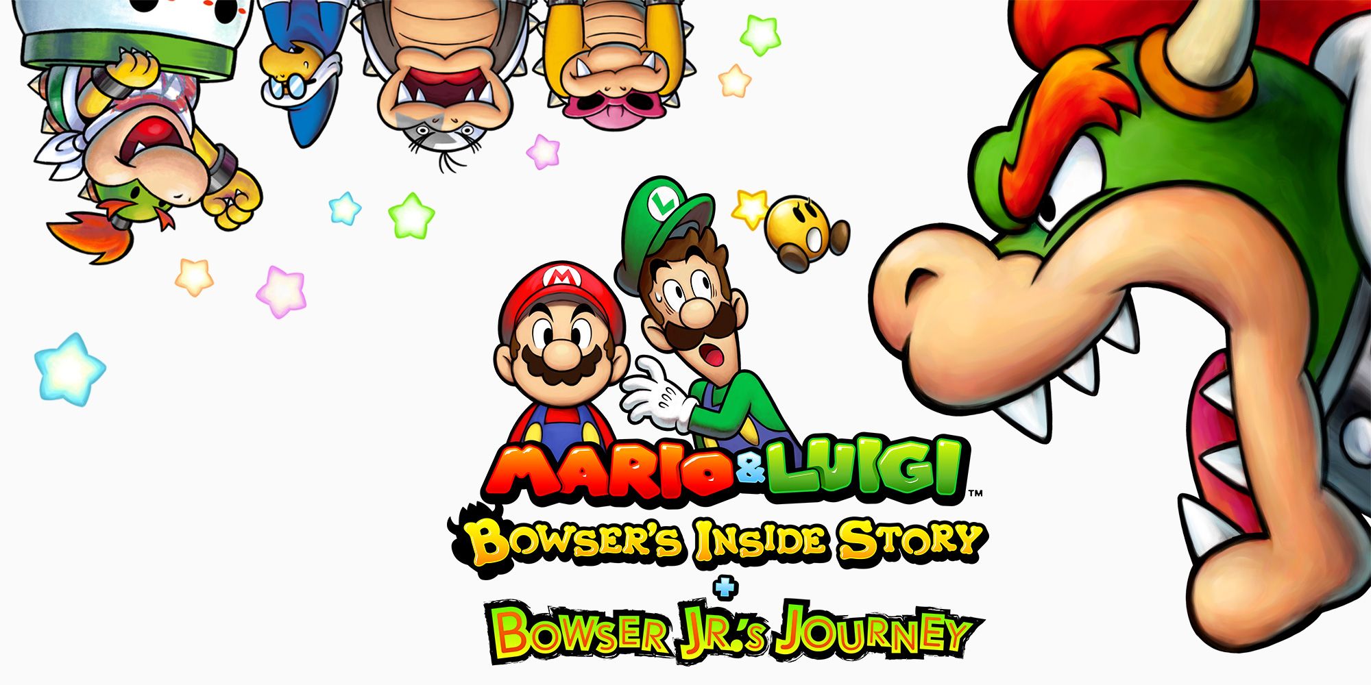Mario And Luigi Bowsers Inside Story Plus Bowser Jr's Journey game poster, with Mario and Luigi looking spooked, and Bowser yelling at them from the right side while his children laugh above