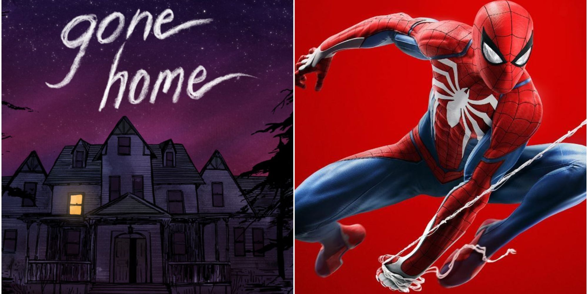 The title poster for 'Gone Home', which is a 2D gothic house under a purple sky, next to Spider-Man slinging a web