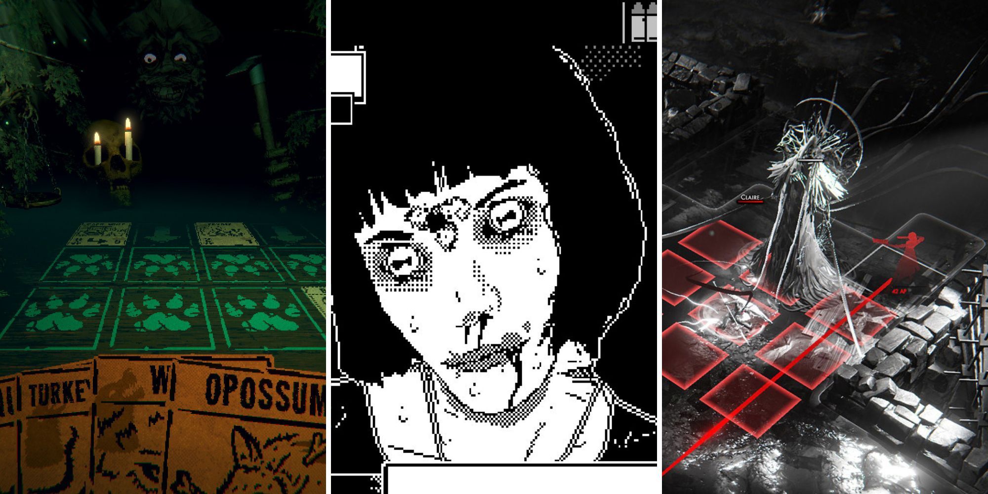 A grid showing three of the turn-based horror games Inscryption, World of Horror, and Othercide
