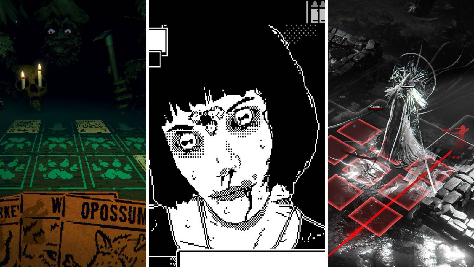 A grid showing three of the turn-based horror games Inscryption, World of Horror, and Othercide
