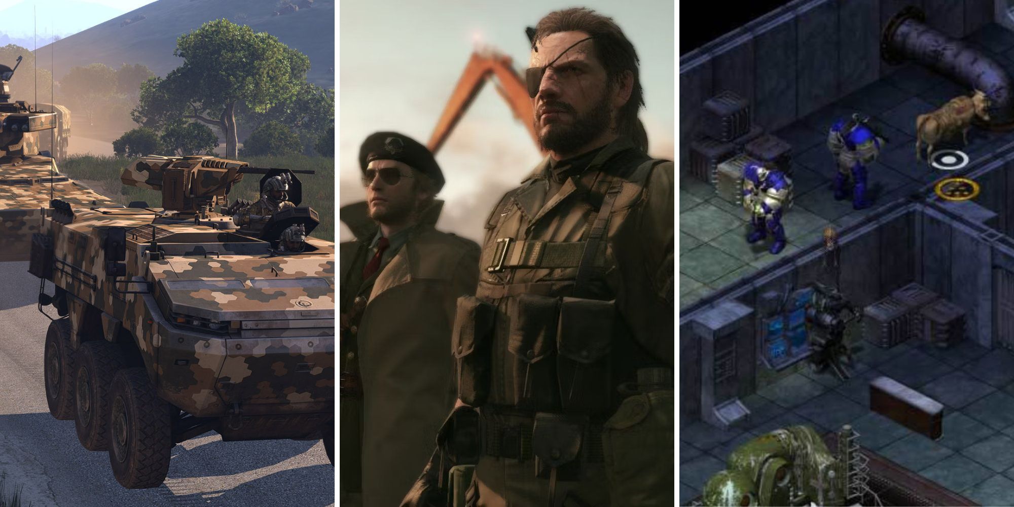 Uma grade mostrando os três jogos Arma 3, Metal Gear Solid 5: Phantom Pain e Fallout Tactics: Brotherhood of Steel