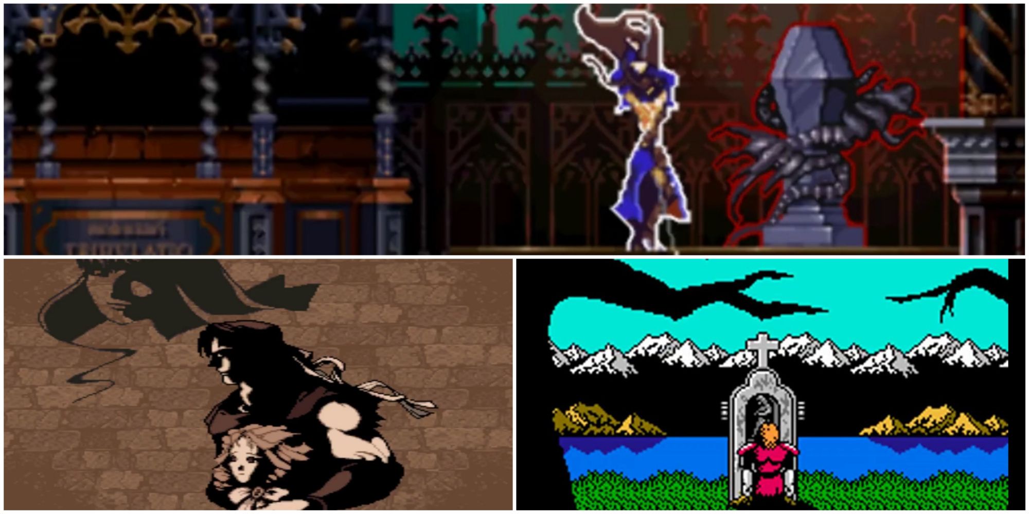 A collage of the darkest Castlevania endings (Order of Ecclesia, Dracula X, Simon's Quest)