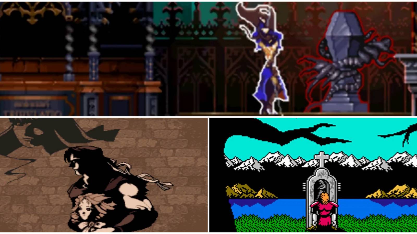 A collage of the darkest Castlevania endings (Order of Ecclesia, Dracula X, Simon's Quest)