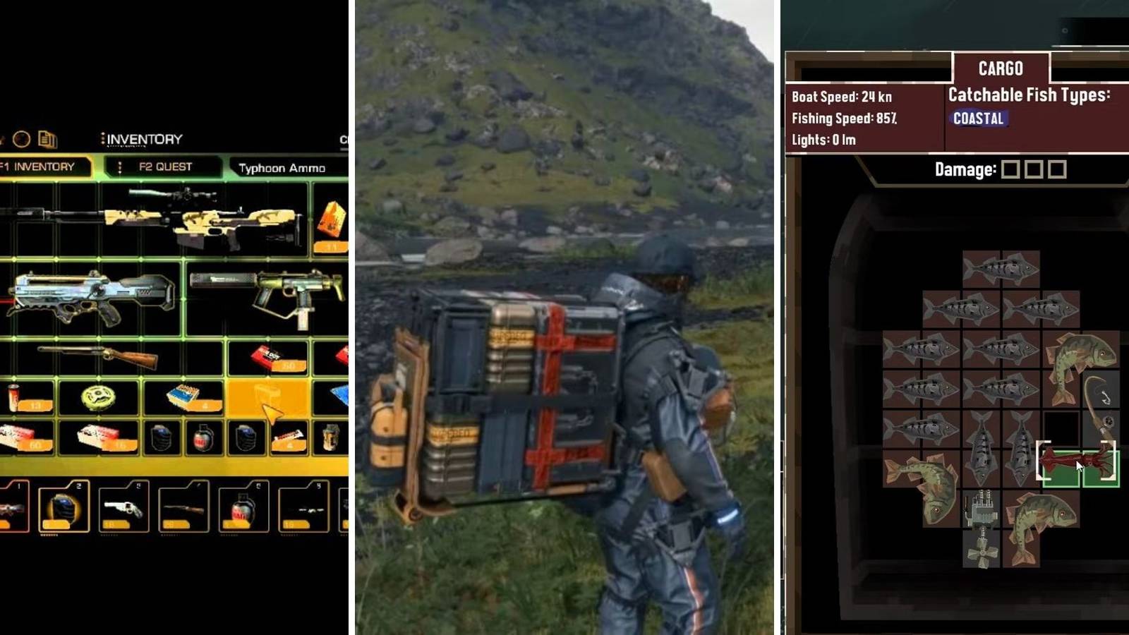 A grid showing the three games Deus Ex: Human Revolution, Death Stranding, and Dredge that all have interesting inventory management