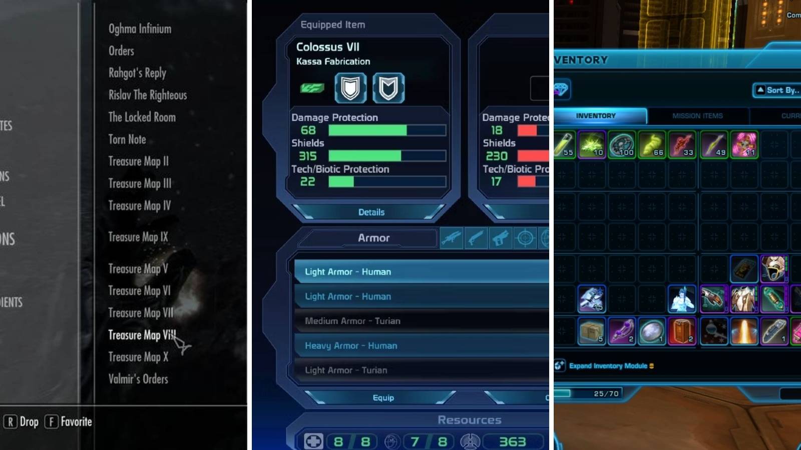 A grid showing three different inventories from the games Skyrim,  Mass Effect, and Star Wars: Knights of the Old Republic