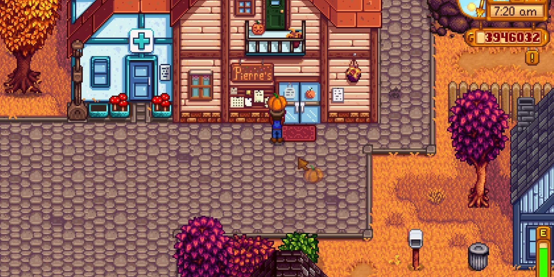 _stardew valley character holding pumpkin outside pierre's general store