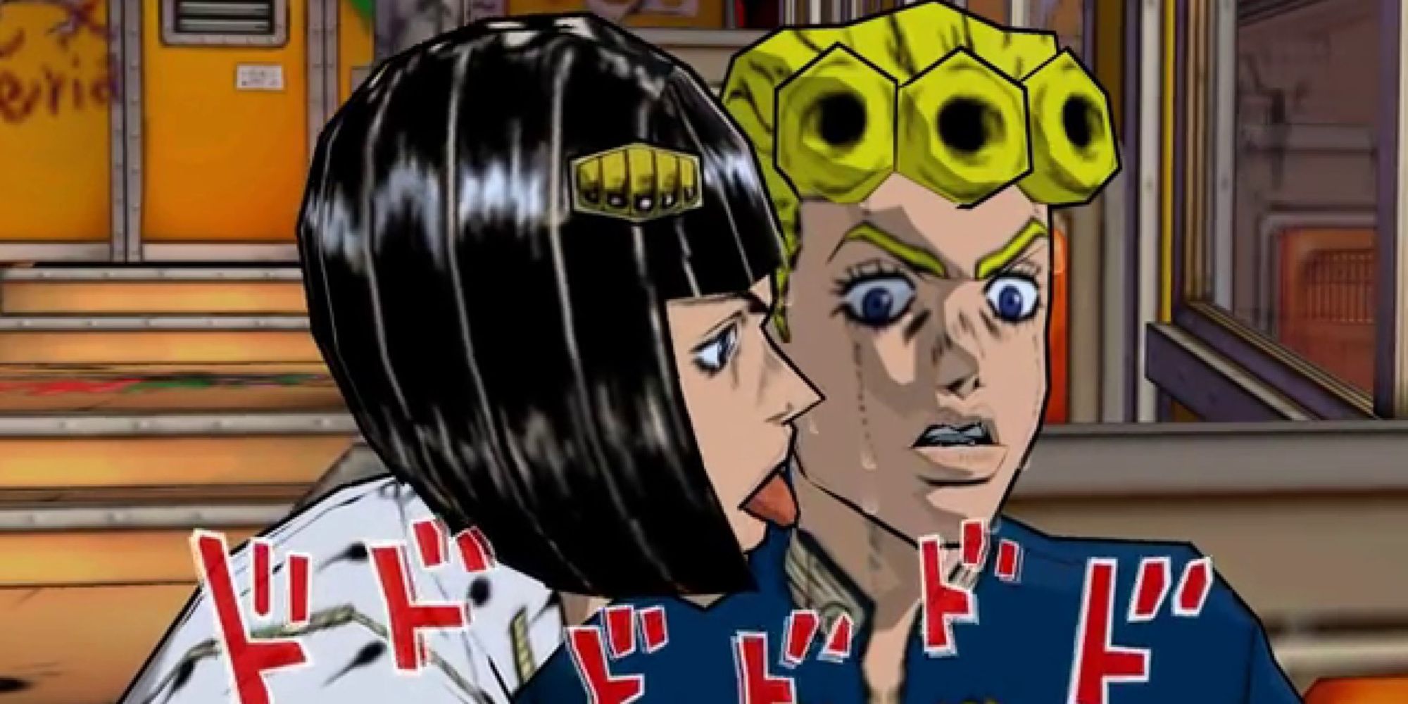 A cutscene featuring Giorno and Bruno in JoJo No Kimyo Na Boken Ogon No Kaze