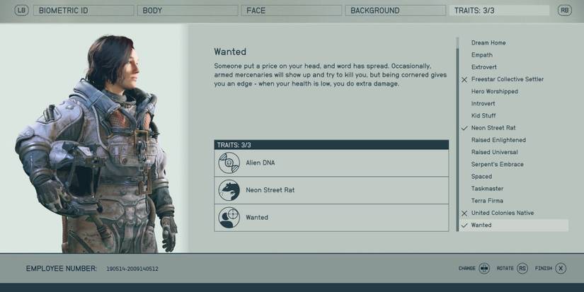 A player with the traits Alien DNA, Neon Street Rat & Wanted in Starfield