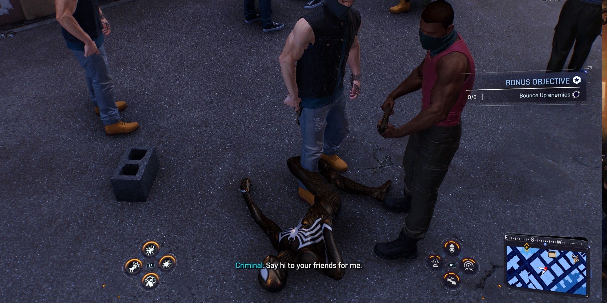Peter knocked out on the ground around criminals