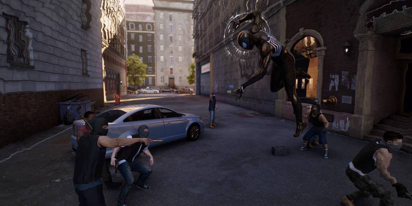 Spider-Man dodging an enemy's bullets