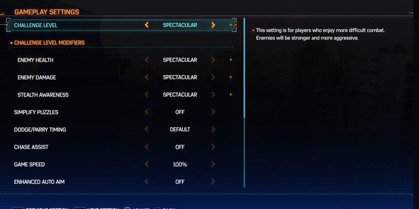 Difficulty settings in gameplay