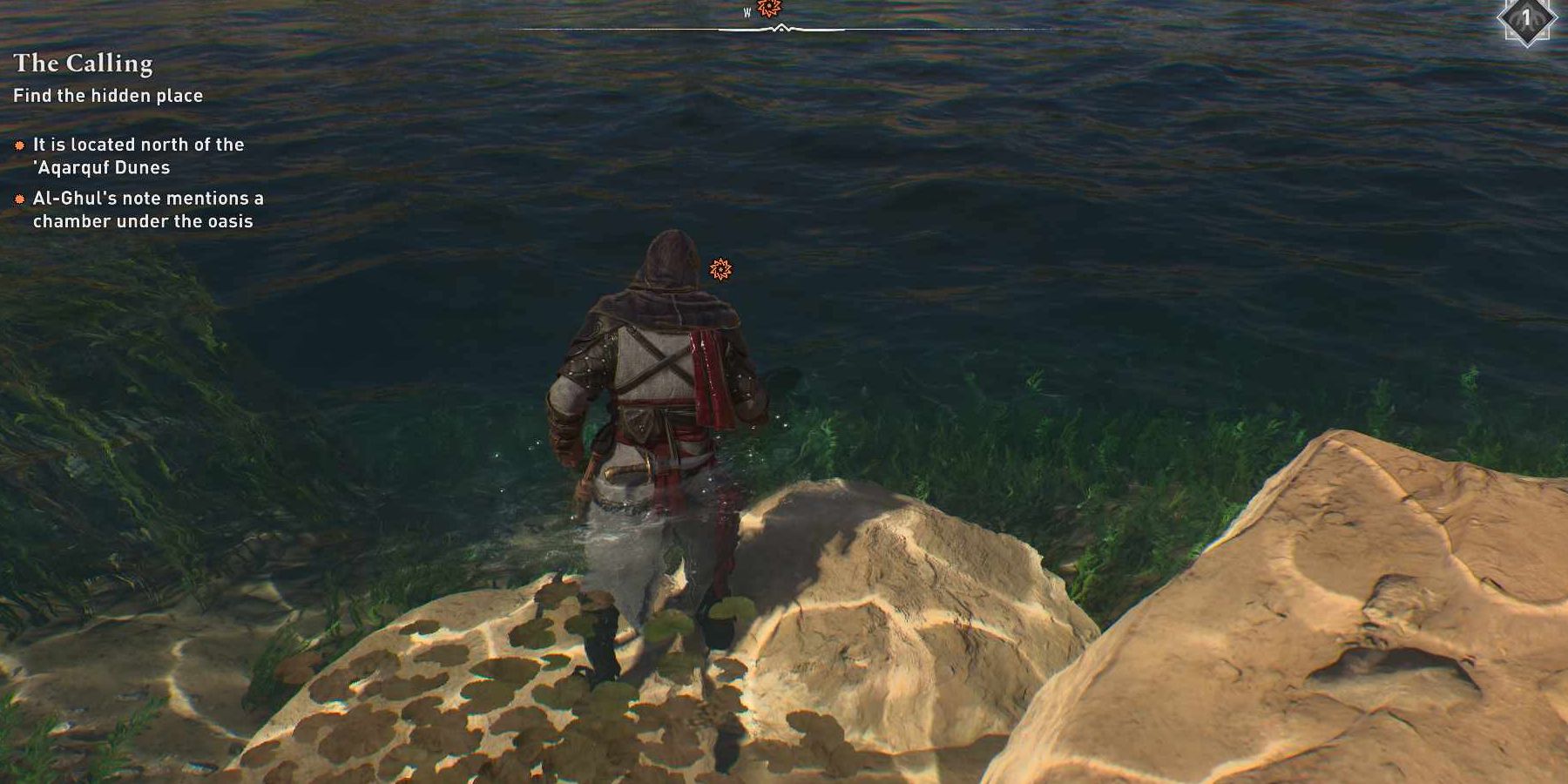 AC Mirage Basim about to swim to the Secret Chamber location