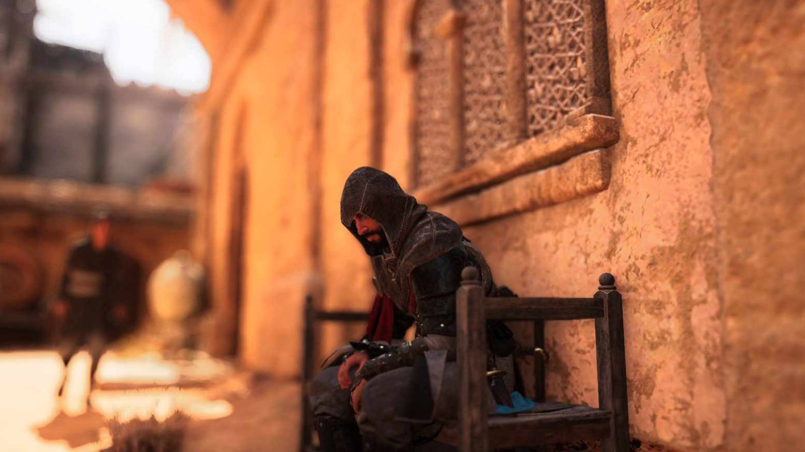 AC Mirage - Basim using a bench to blend in