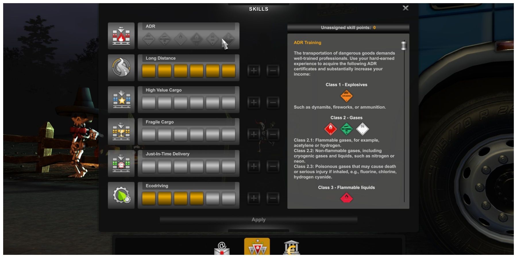 A screen showing the ranks of the ADR skill in Euro Truck Simulator 2