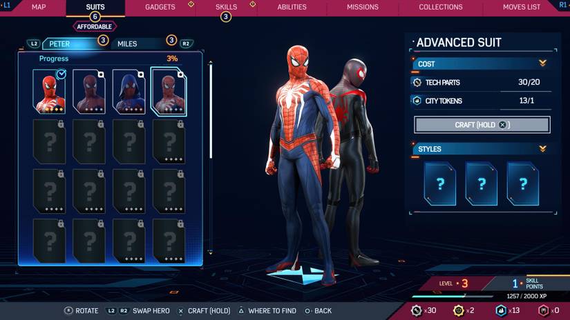 advanced suit spiderman 2 suits menu