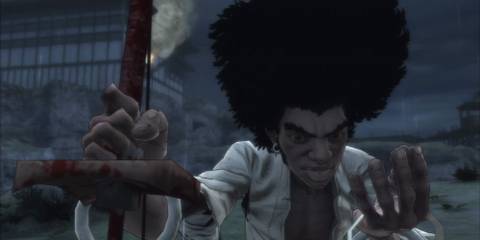 Afro, wielding a katana, looking at a headband in his palm.