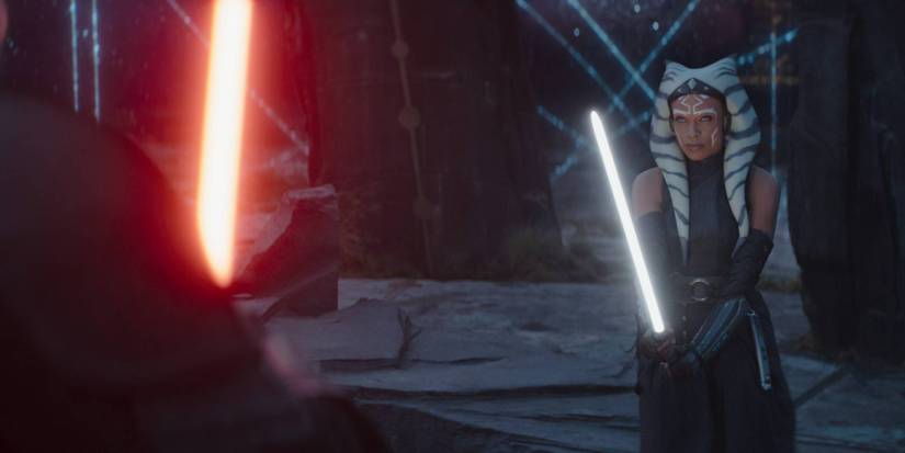 Rosario Dawson as Ahsoka Tano dueling Ray Stevenson as Baylan Skoll on Star Wars: Ahsoka in a scene filmed with The Volume