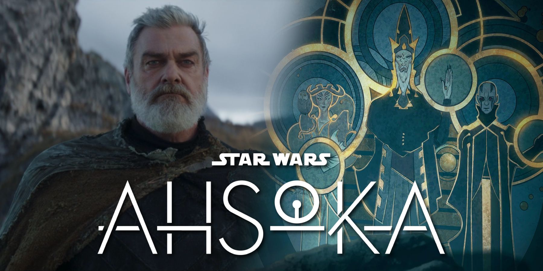Ray Stevenson as Baylan Skoll on the Star Wars series Ahsoka next to a painting of the Father, the Son, and the Daughter
