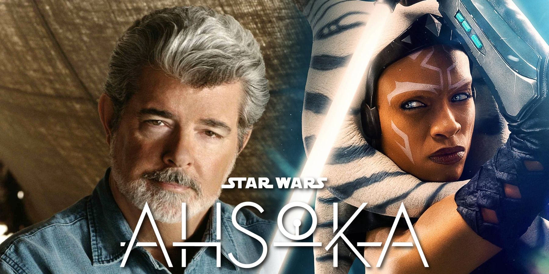 George Lucas in a split image next to Rosario Dawson as Ahsoka Tano from the Star Wars series Ahsoka