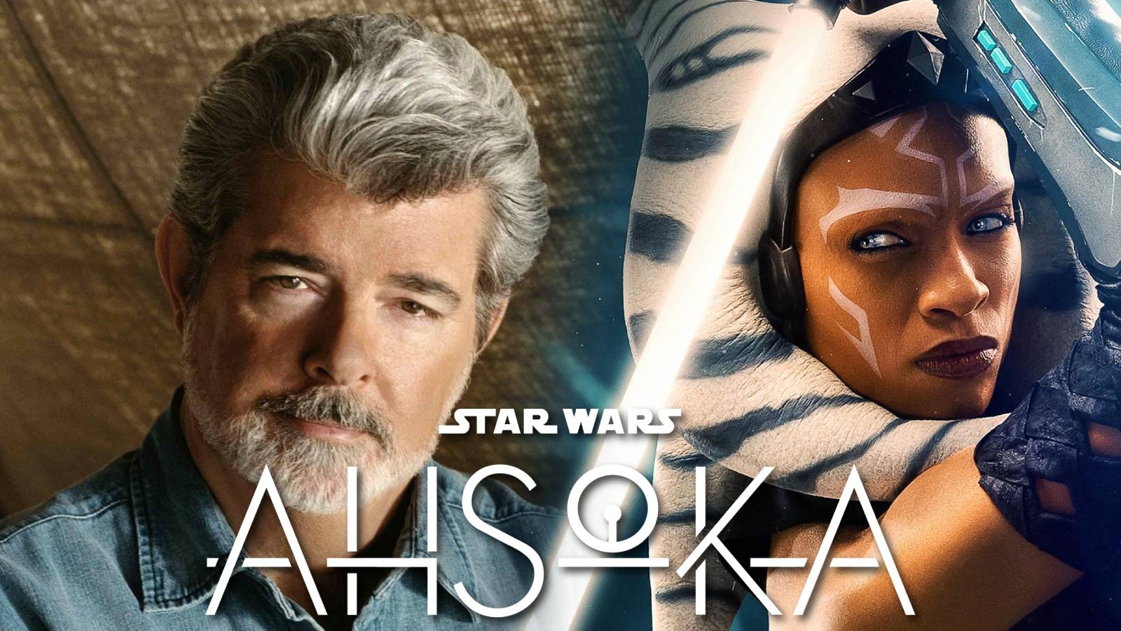 George Lucas in a split image next to Rosario Dawson as Ahsoka Tano from the Star Wars series Ahsoka