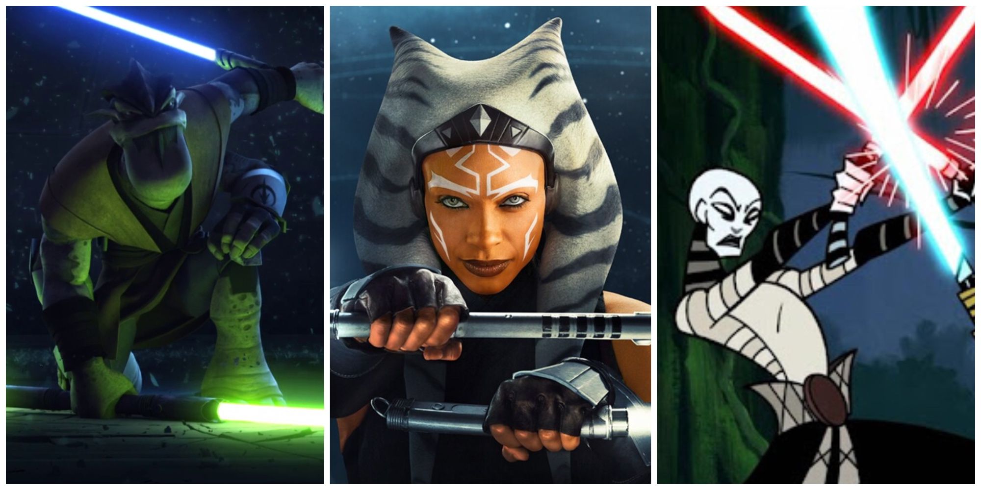 Krell, Ahsoka and Asajj Ventress holding dual lightsabers