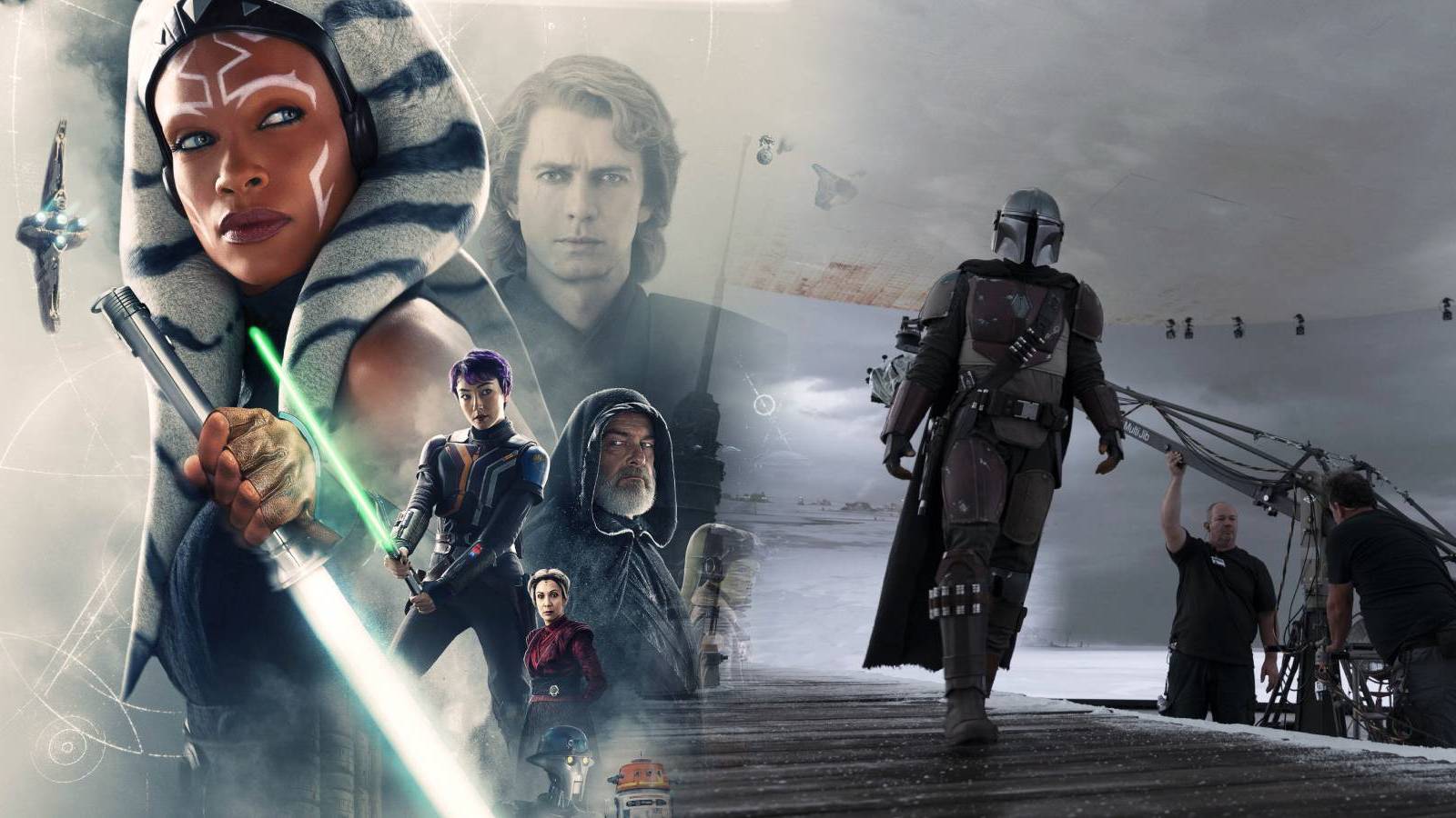 Poster for Star Wars: Ahsoka with an image of The Volume being used to film The Mandalorian