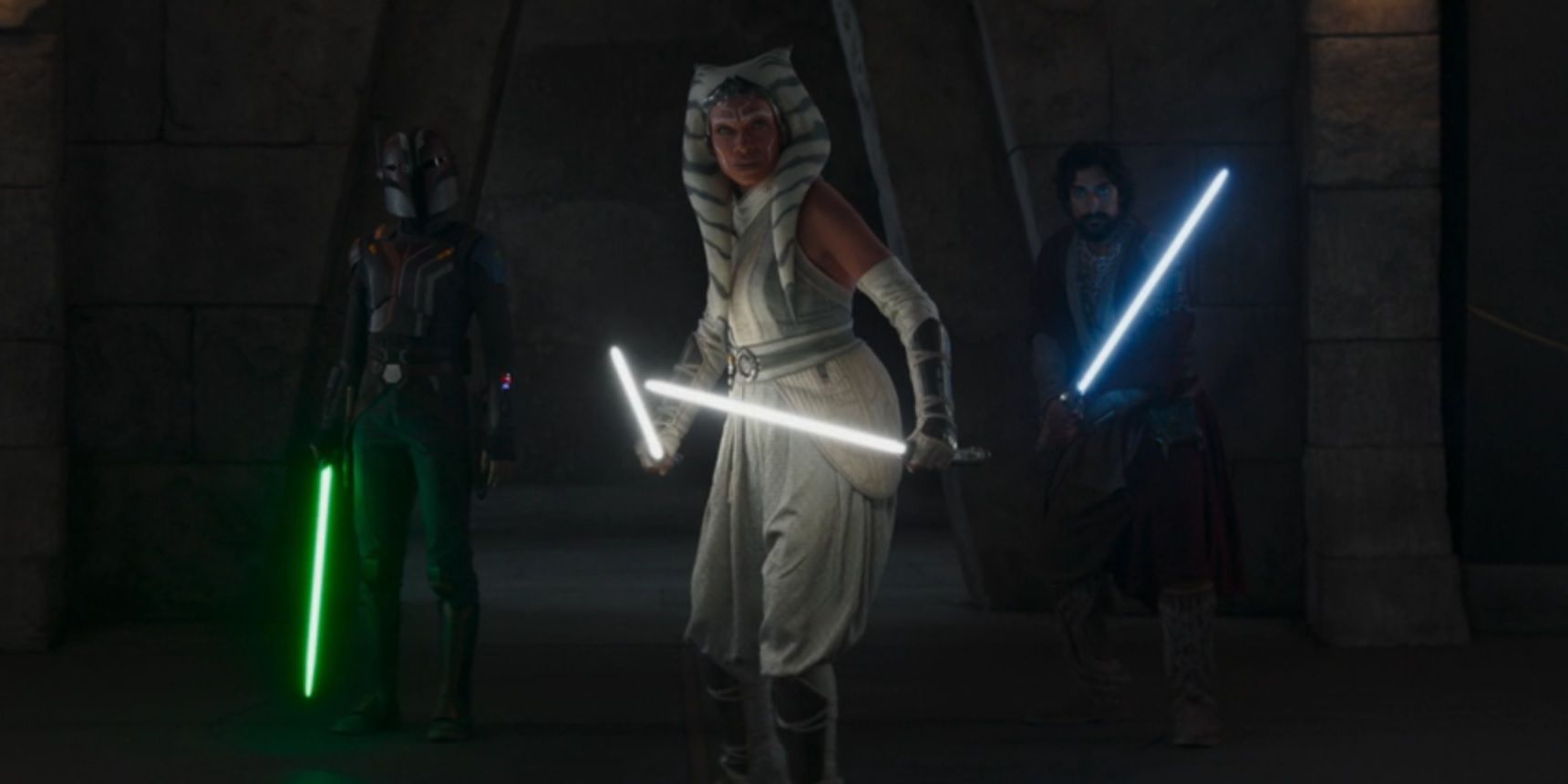 Ahsoka, Sabine, and Ezra with their lightsabers in Ahsoka