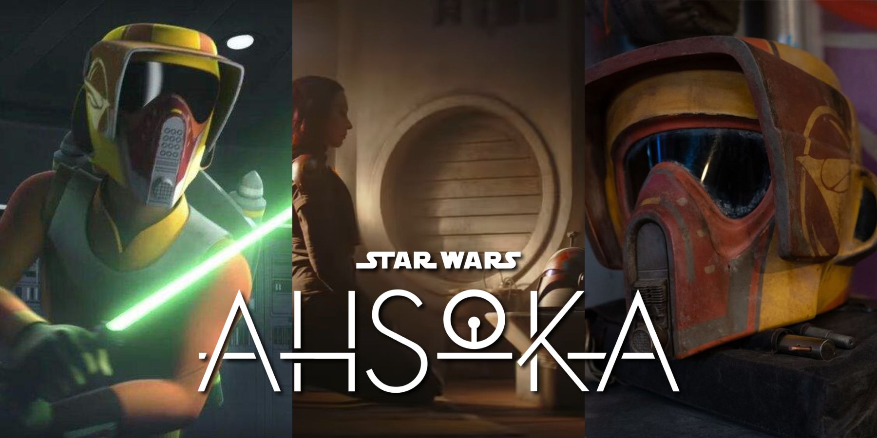 Natasha Liu Bordizzo as Sabine Wren on Star Wars: Ahsoka with Ezra Bridger from Star Wars Rebels and Ezra's painted scout trooper helmet in animation and live-action