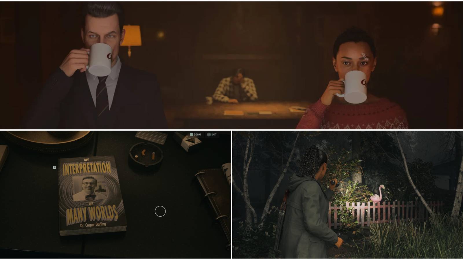 Split image showing easter eggs from different games and tv shows in Alan Wake 2.