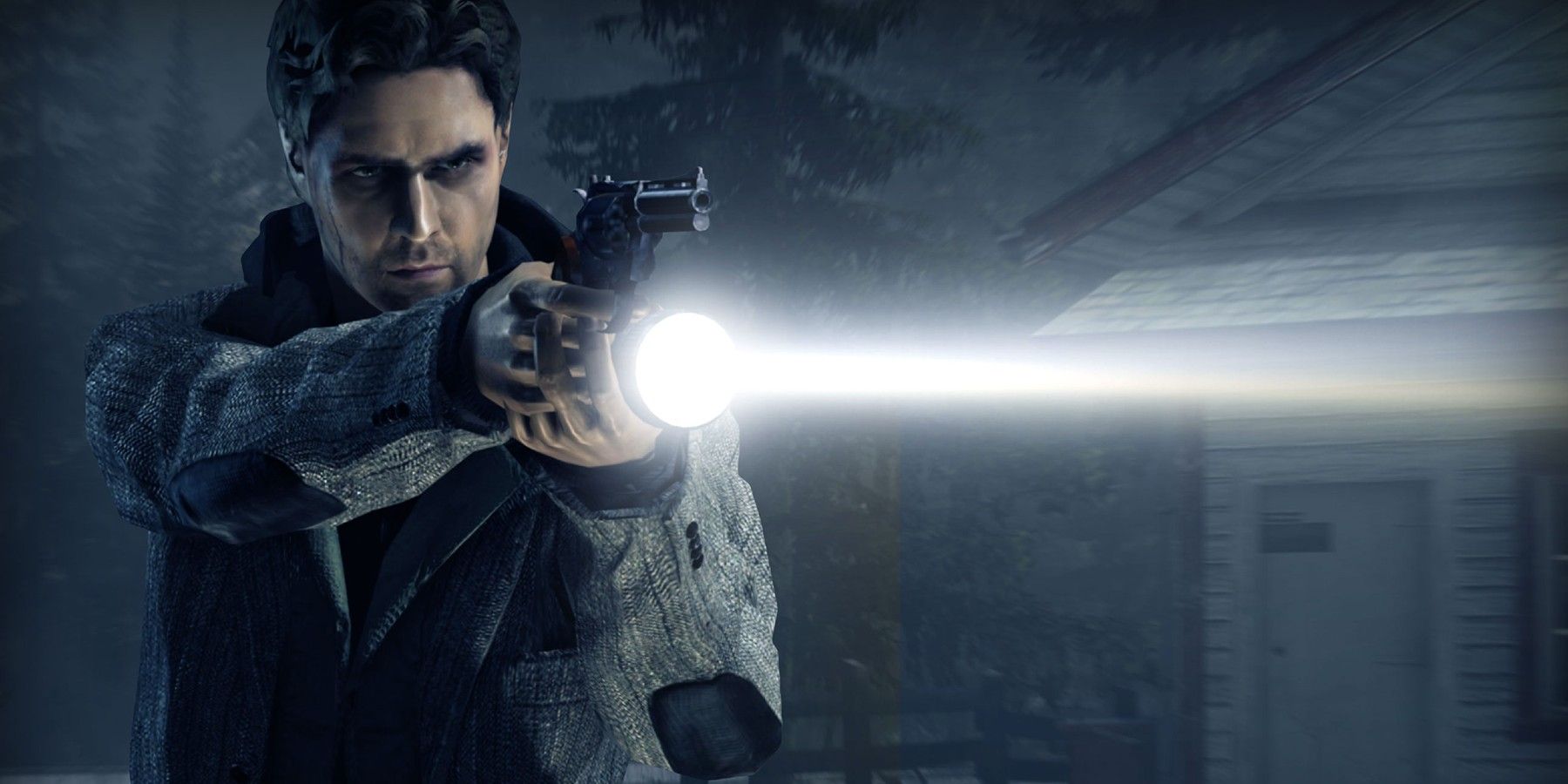 Promotional art for the first Alan Wake game with Alan pointing a revolver and flashlight